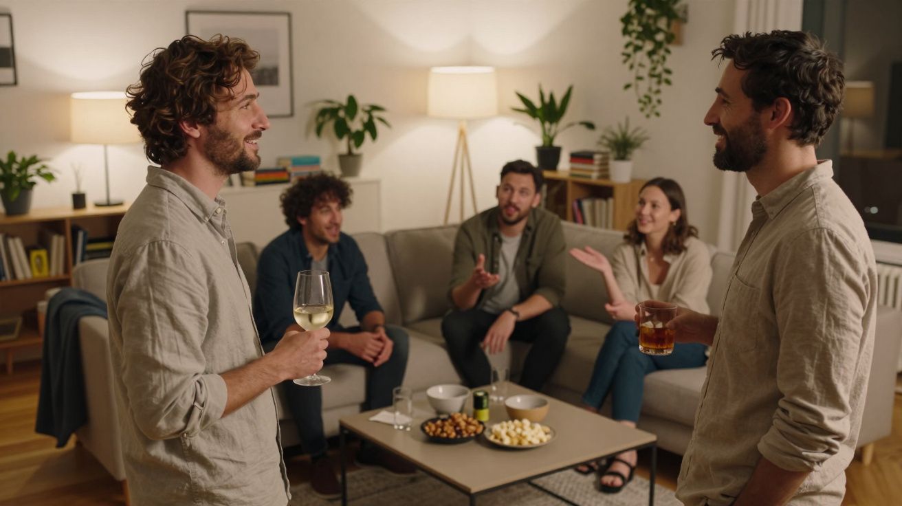 Cinco personas conversan en una sala moderna con bebidas y aperitivos, rodeadas de plantas y decoraciones acogedoras.