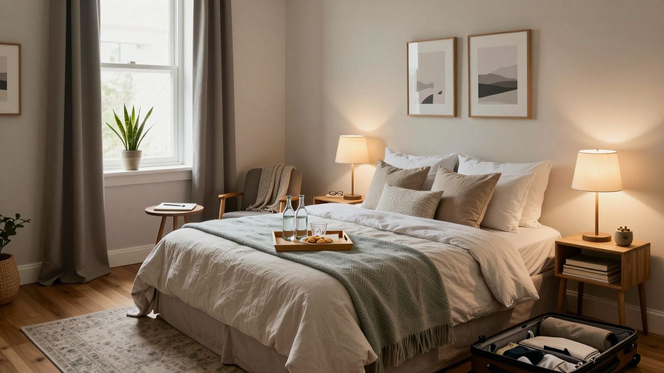 Habitación acogedora con cama grande, lámparas de noche, cuadros en la pared, silla, mesa con planta y maleta abierta.