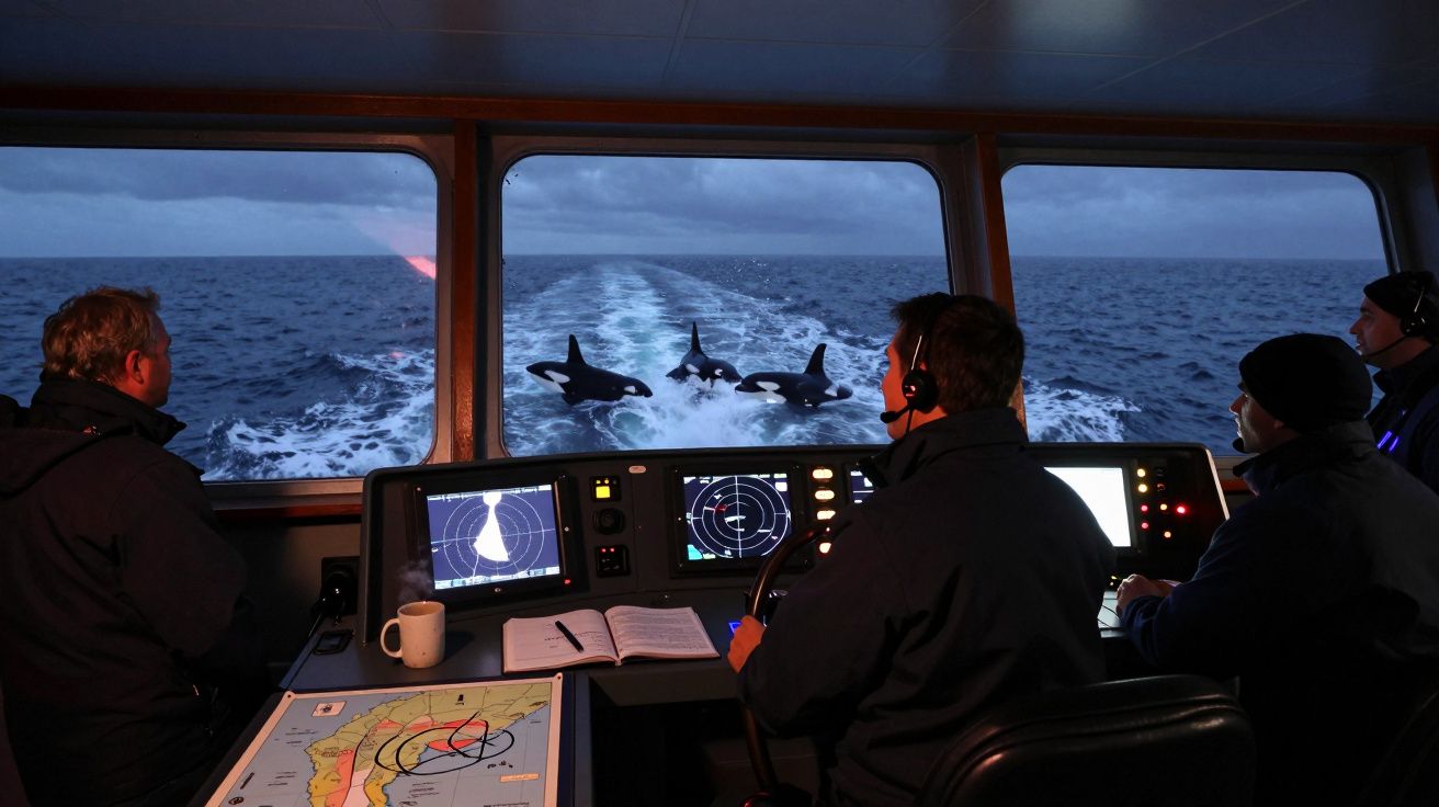 Cuatro personas en la cabina de un barco observan orcas que siguen su estela en el mar al amanecer.