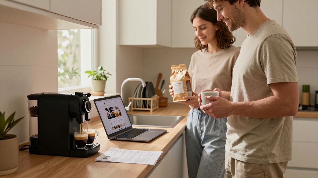 Pareja en cocina preparando café con máquina expreso, mirando portátil. Ella sostiene paquete de café, él taza.