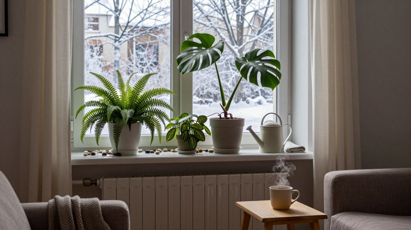 Plantas junto a una ventana con nieve afuera, taza de café humeante sobre mesa de madera en sala de estar acogedora.
