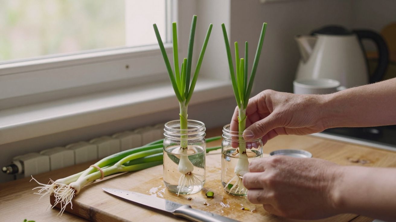 Manos colocando cebollas en frascos de agua sobre una tabla de madera en la cocina.
