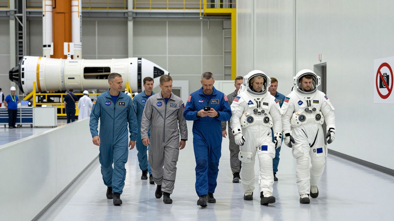 Astronautas con trajes espaciales y de vuelo caminan en un hangar junto a un cohete.