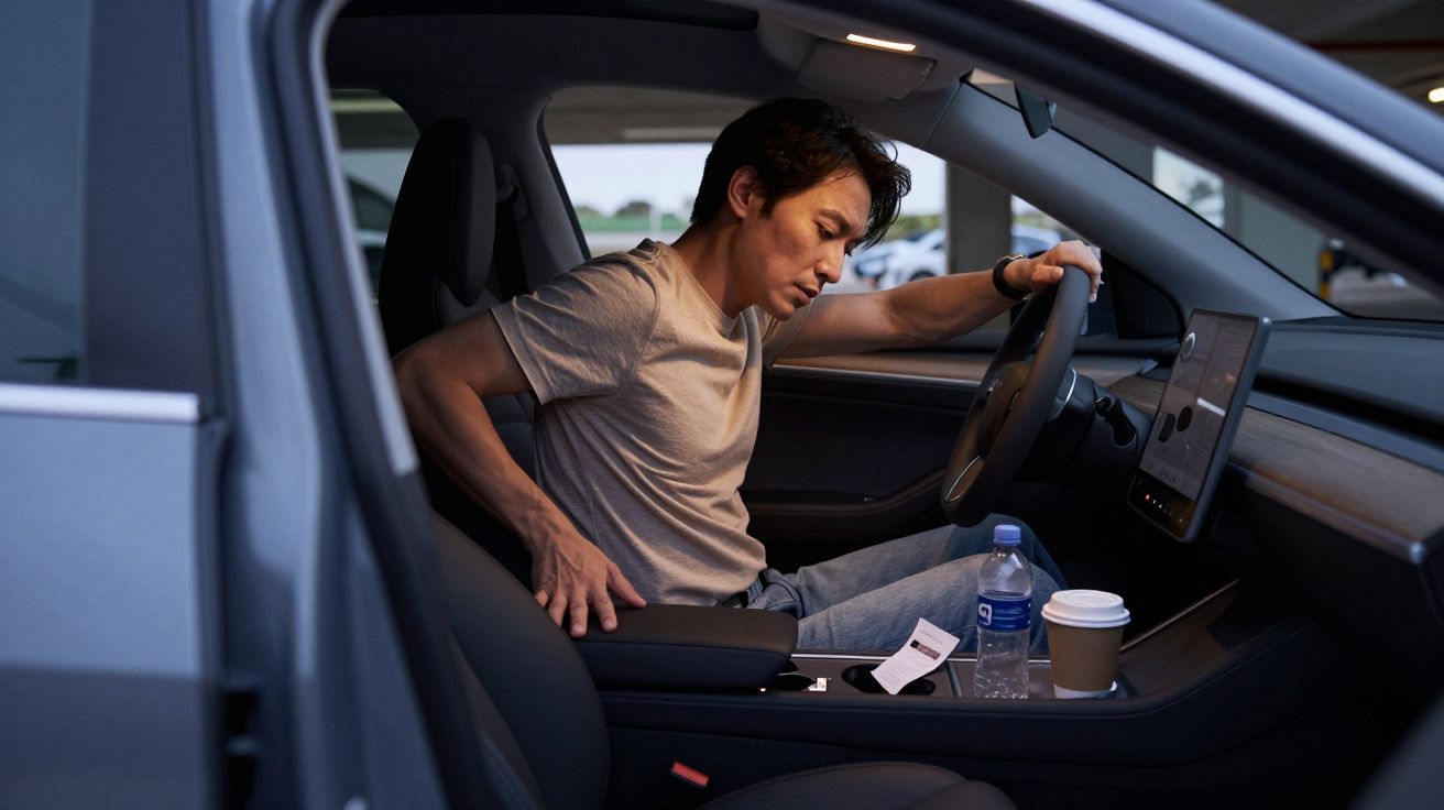 Hombre sentado en un coche eléctrico, mirando la consola central, con botellas de agua y café en el compartimento.