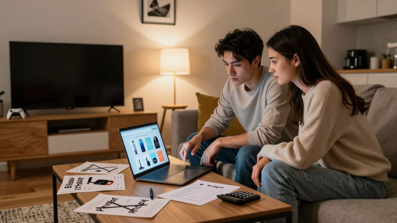 Dos personas trabajan en un portátil en una sala de estar moderna, rodeadas de documentos y una calculadora.