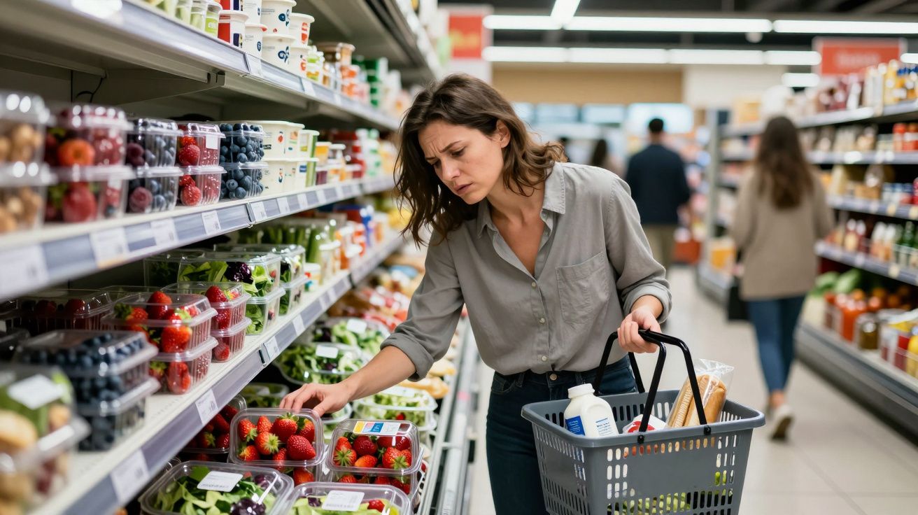 Mujer comprando fresas en un supermercado, llevando una cesta con productos.
