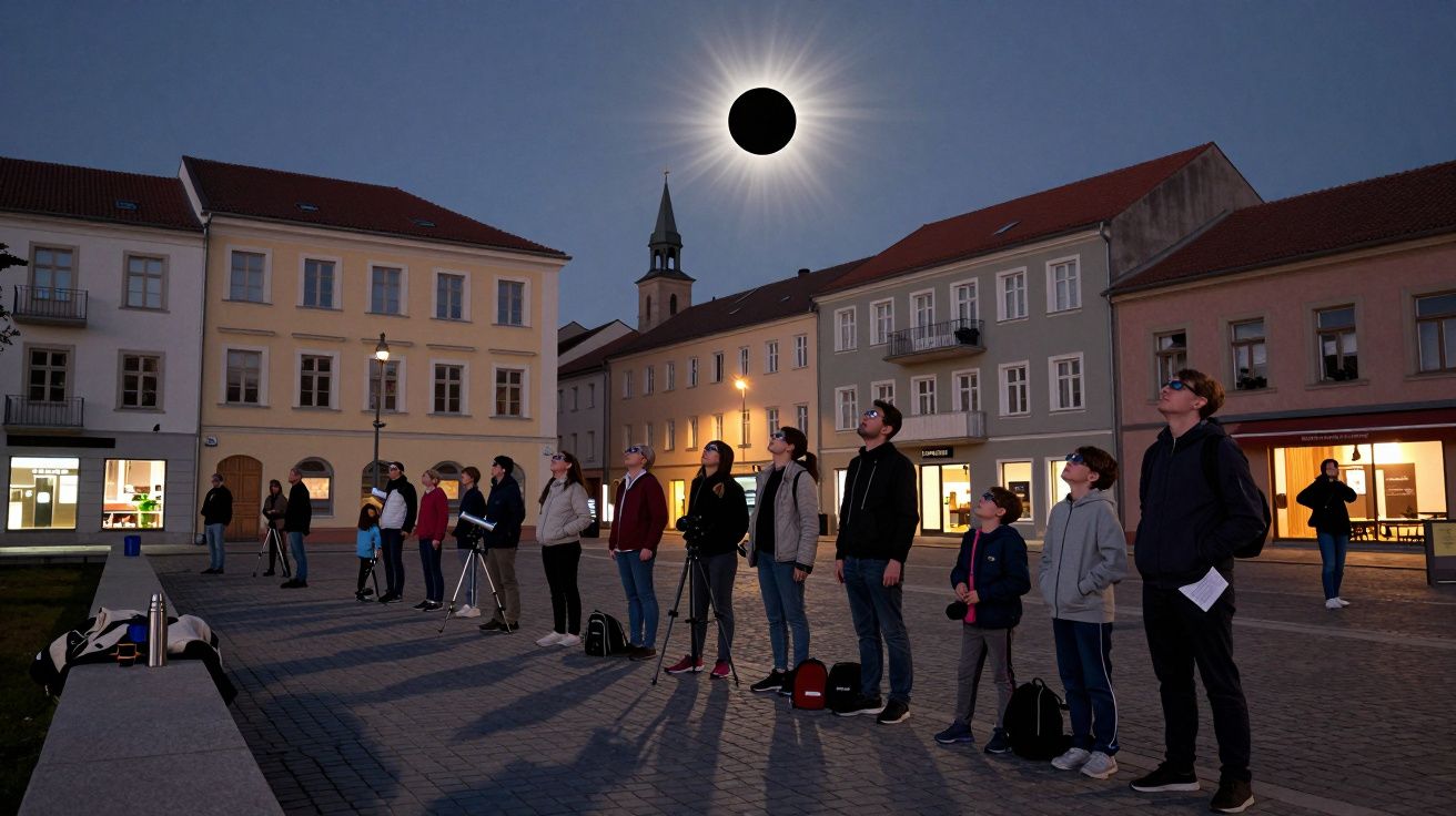 Personas observando un eclipse solar en una plaza, rodeadas de edificios históricos al anochecer.