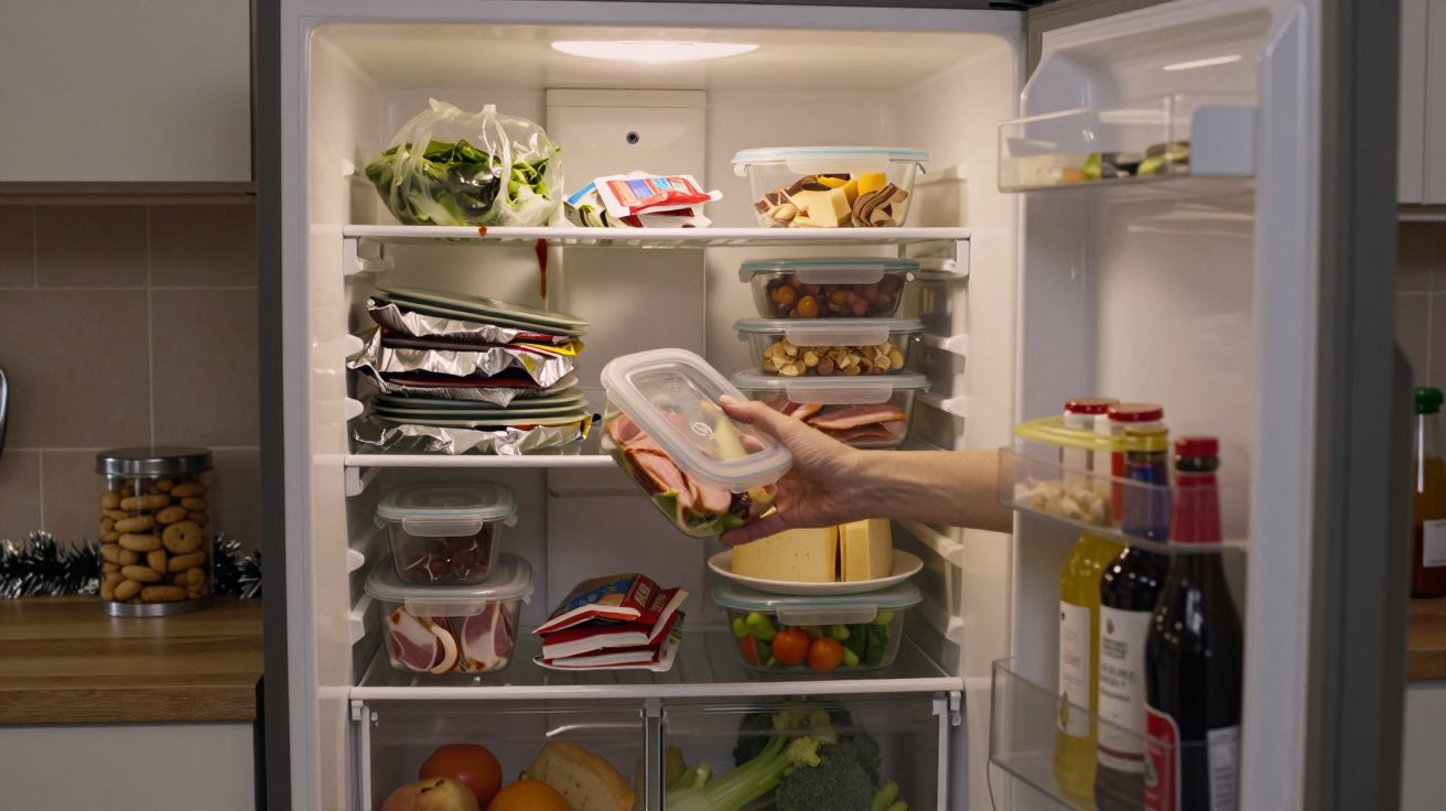 Persona sacando un recipiente de comida del refrigerador lleno de alimentos organizados en envases y botellas en la puerta.