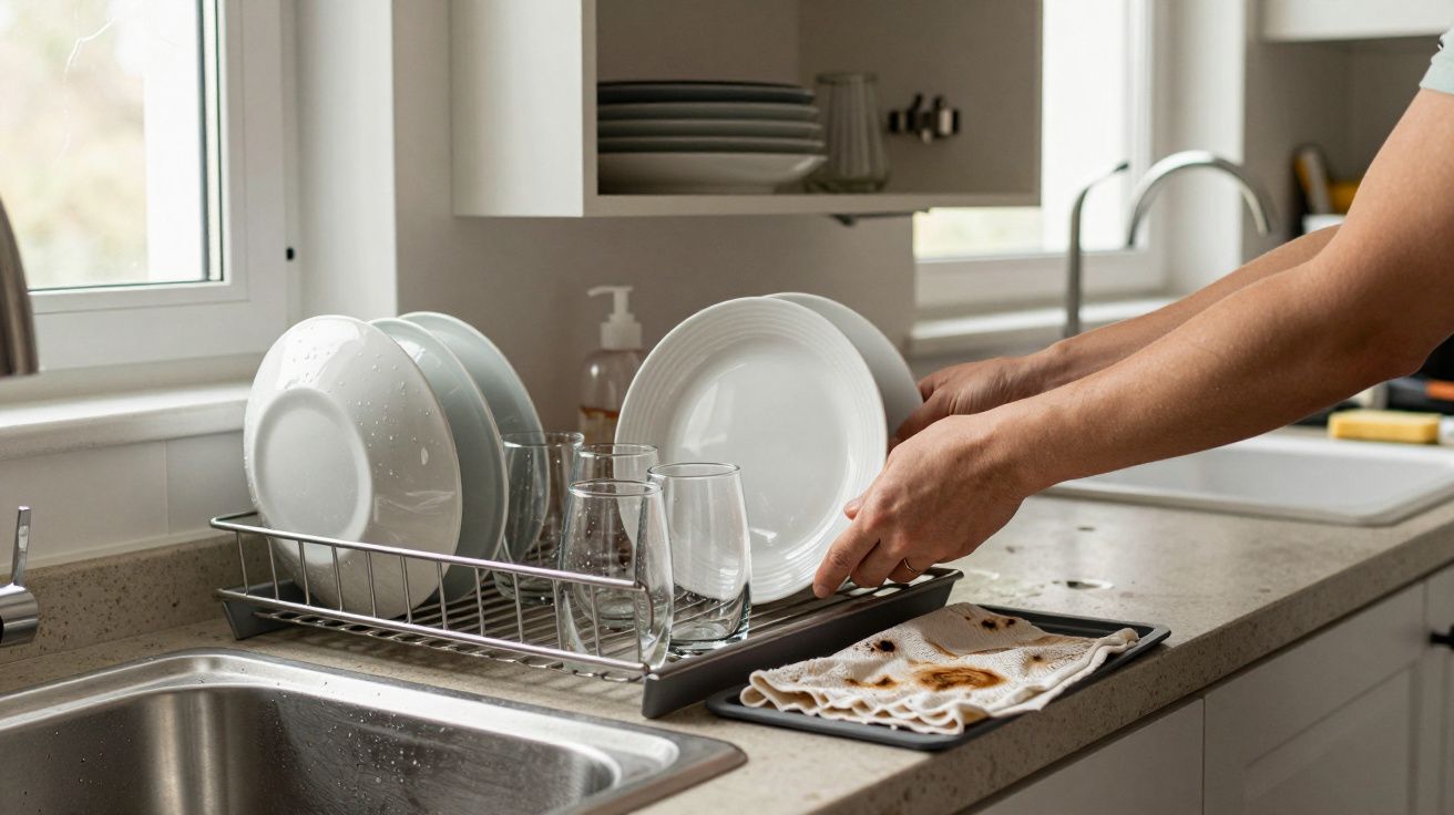 Persona colocando platos limpios en un escurridor junto al fregadero en una cocina iluminada.