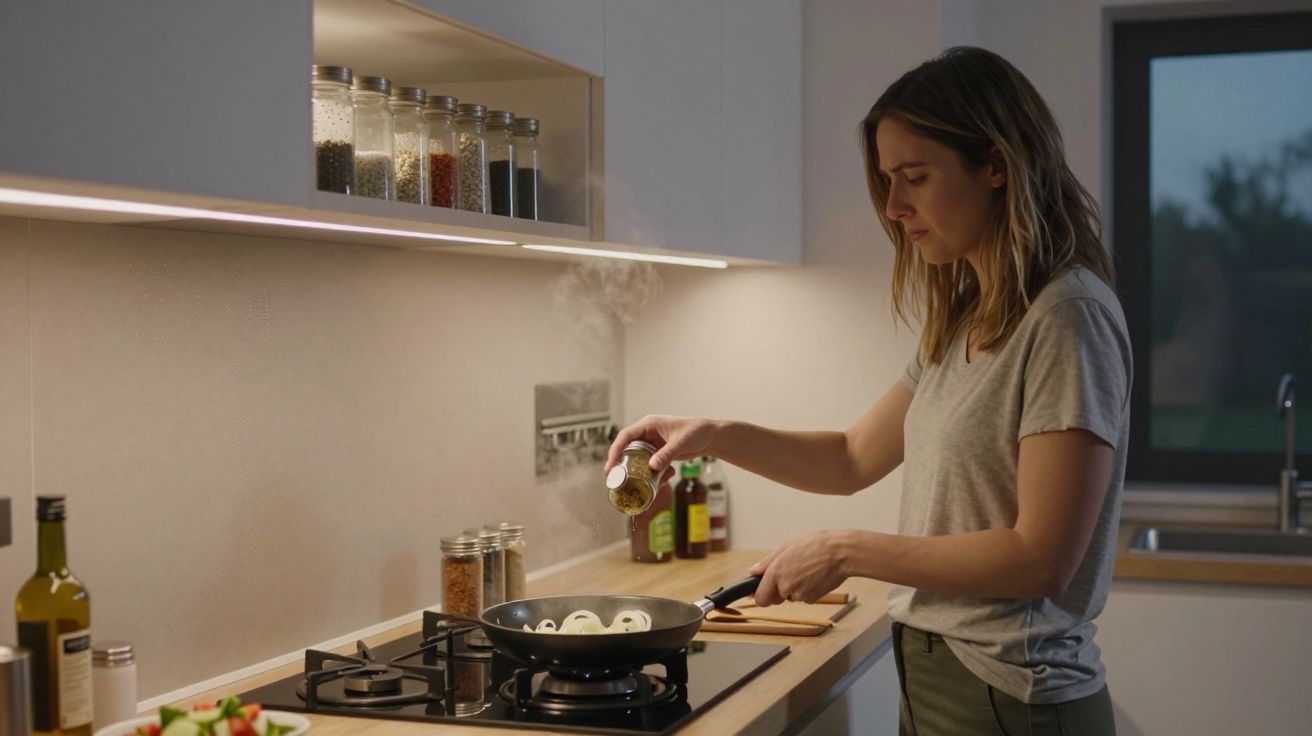 Mujer cocinando en la cocina moderna, añadiendo especias a la sartén con cebollas.
