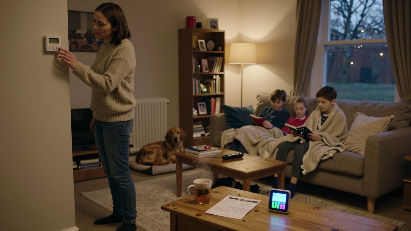 Mujer ajustando termostato mientras tres niños leen en el sofá con mantas y un perro en el suelo al lado.