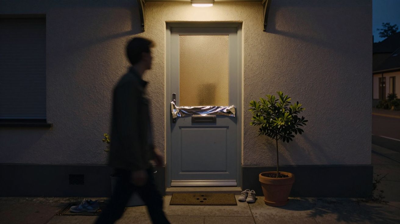 Hombre caminando frente a una puerta iluminada, planta en maceta a la derecha y zapatos junto a la entrada.