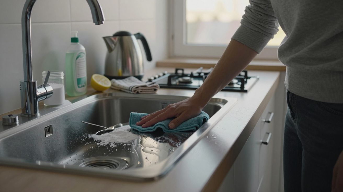 Persona limpiando un fregadero de cocina con un paño azul, rodeado de un detergente, limón y utensilios cerca.