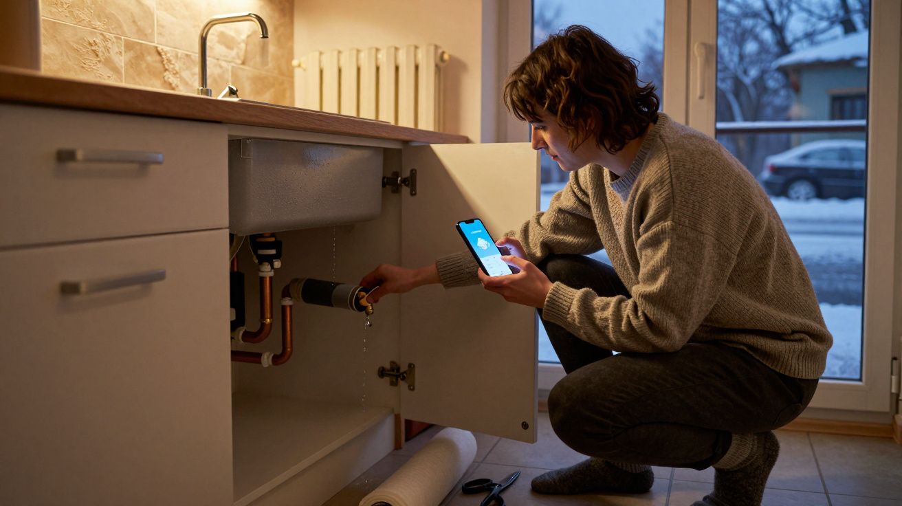 Persona revisando una tubería debajo del fregadero mientras sostiene un teléfono móvil.