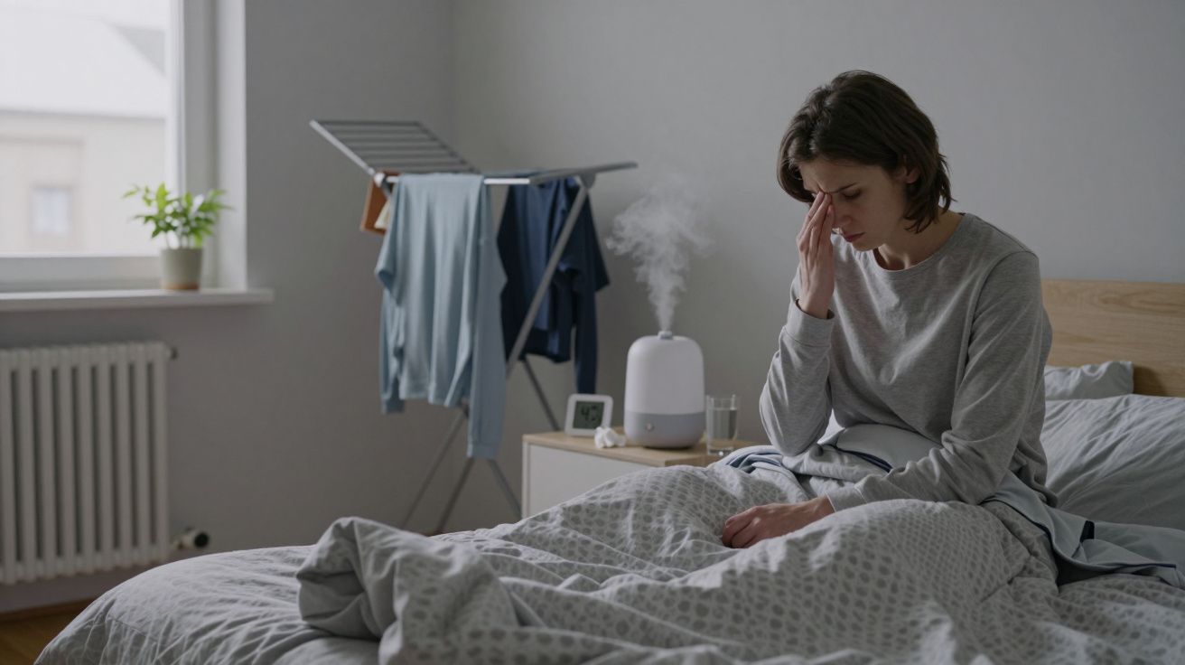 Mujer deprimida en la cama con ropa tendida y humidificador al fondo.
