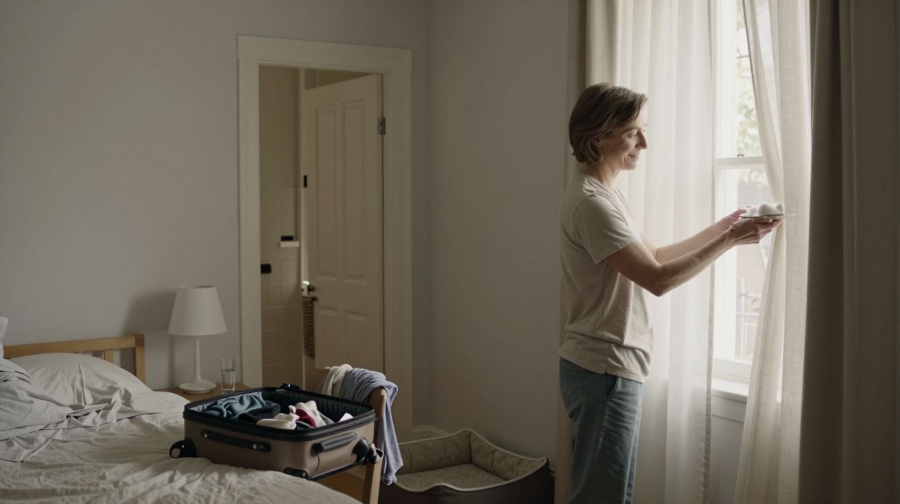 Persona de pie junto a una ventana, sosteniendo un café, maleta abierta sobre la cama en una habitación iluminada.