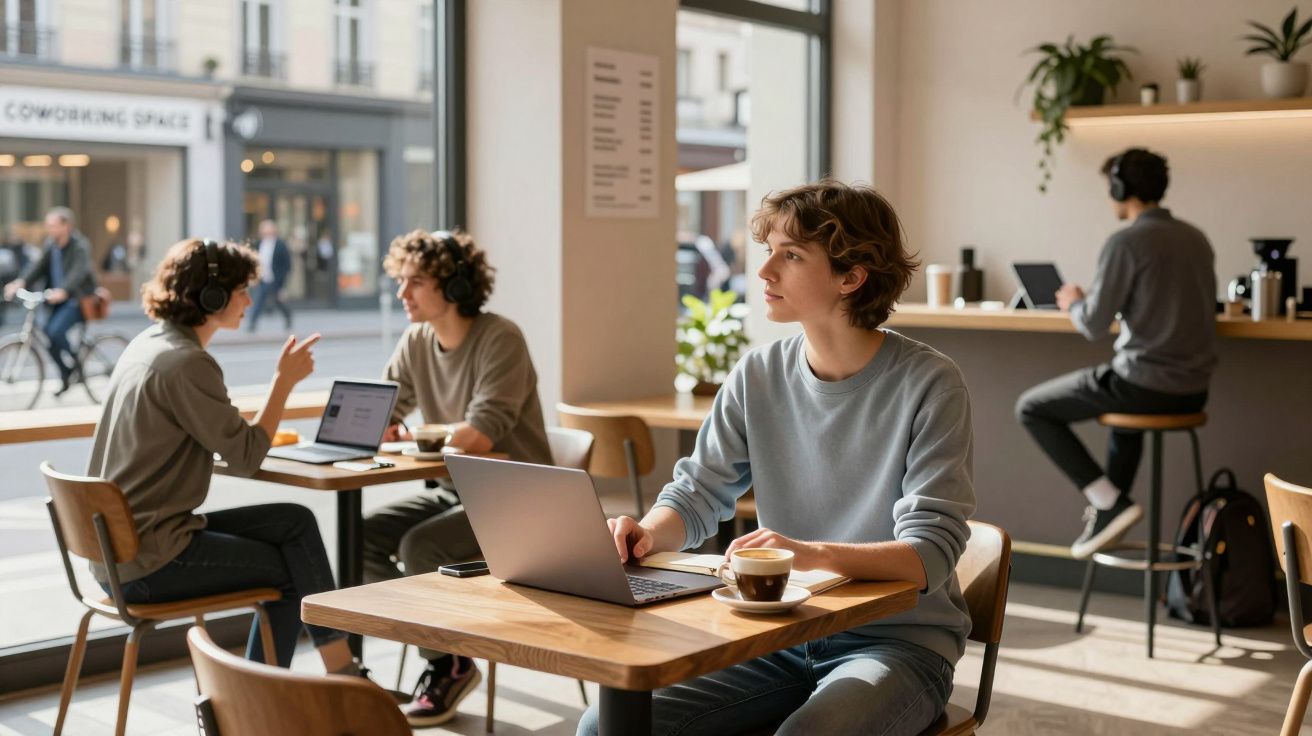 Personas trabajando en un café con portátiles, tazas de café y auriculares. Ventanales muestran la calle.