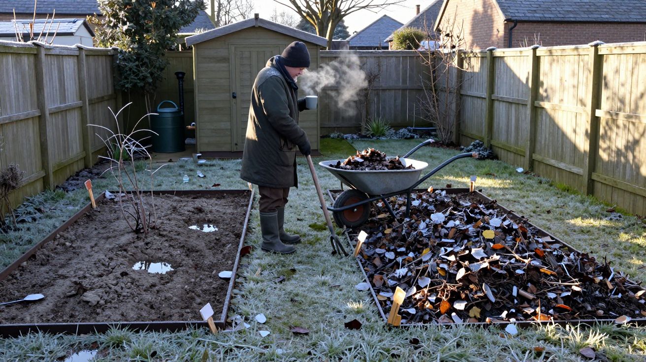 Hombre trabajando en el jardín con una carretilla llena de hojas, en una mañana fría de invierno junto a un cobertizo.