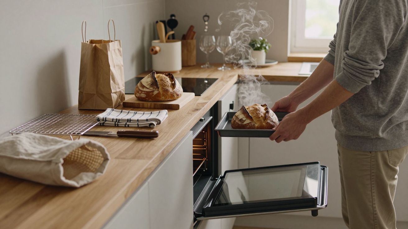Persona sacando pan recién horneado del horno en una cocina moderna con encimera de madera.