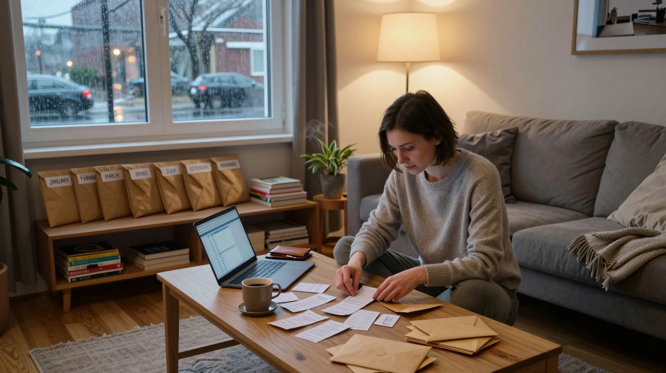 Mujer en sala de estar trabajando con papeles y laptop, taza de café en mesa, día lluvioso afuera.
