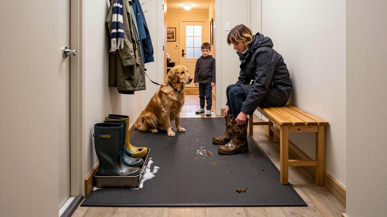 Persona y niño en pasillo, perro sentado; botas embarradas en el suelo, chaquetas colgadas en la pared.