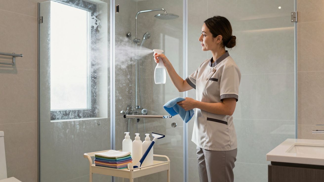 Trabajadora de limpieza rociando desinfectante en una cabina de ducha, equipada con bayeta y productos en carrito.
