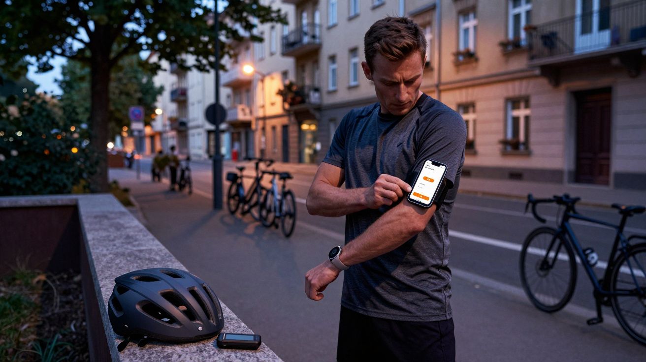Hombre con camiseta deportiva consulta su móvil en un brazalete, junto a una carretera al atardecer, con bicicletas y casco.