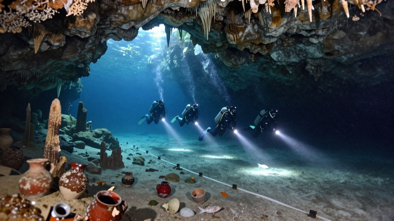 Cuatro buceadores exploran una cueva submarina con cerámicas antiguas y formaciones rocosas.