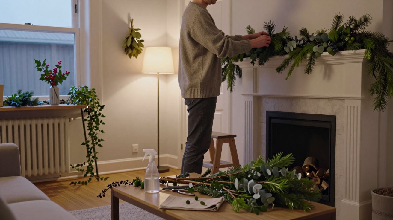 Persona decorando chimenea con guirnaldas verdes en una sala de estar acogedora con luz cálida.