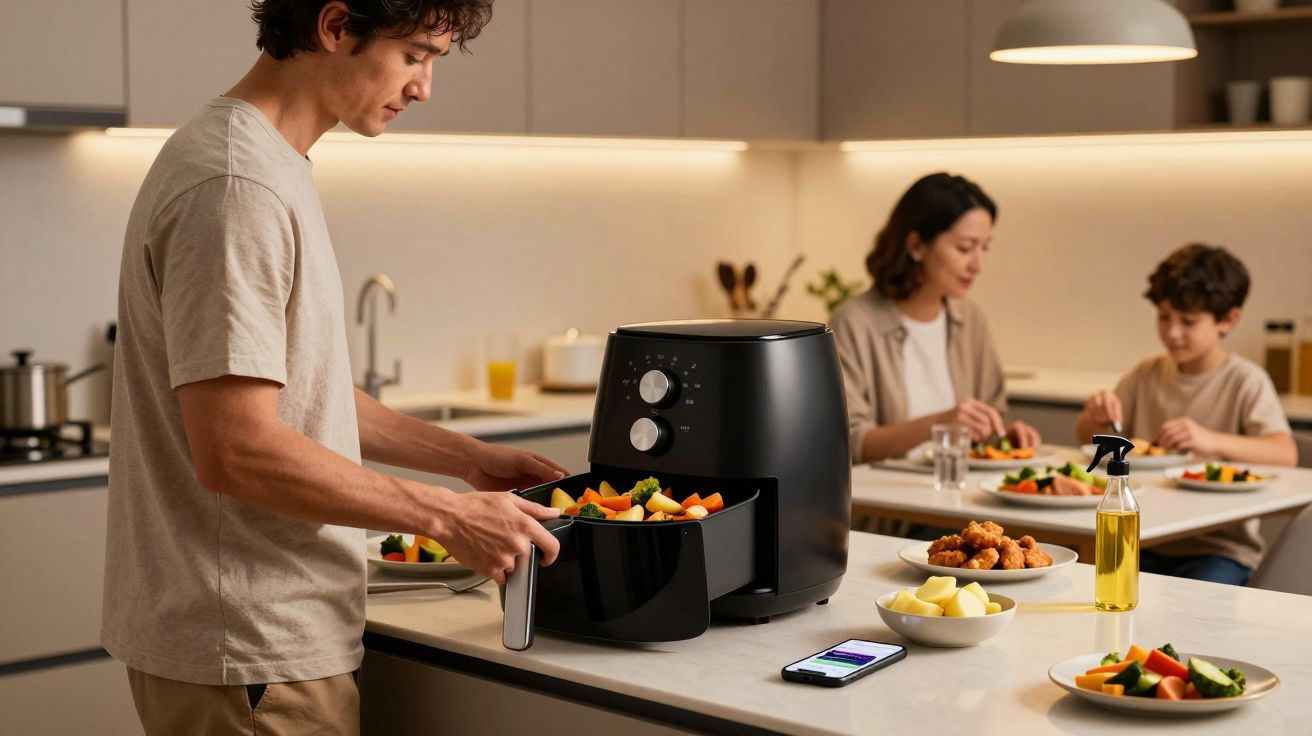 Hombre cocinando con freidora de aire en cocina moderna mientras la familia prepara la mesa para comer.