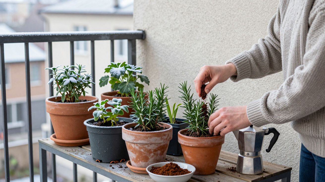 Persona cuidando plantas en macetas sobre una mesa en un balcón. Hay una cafetera y un cuenco con tierra.
