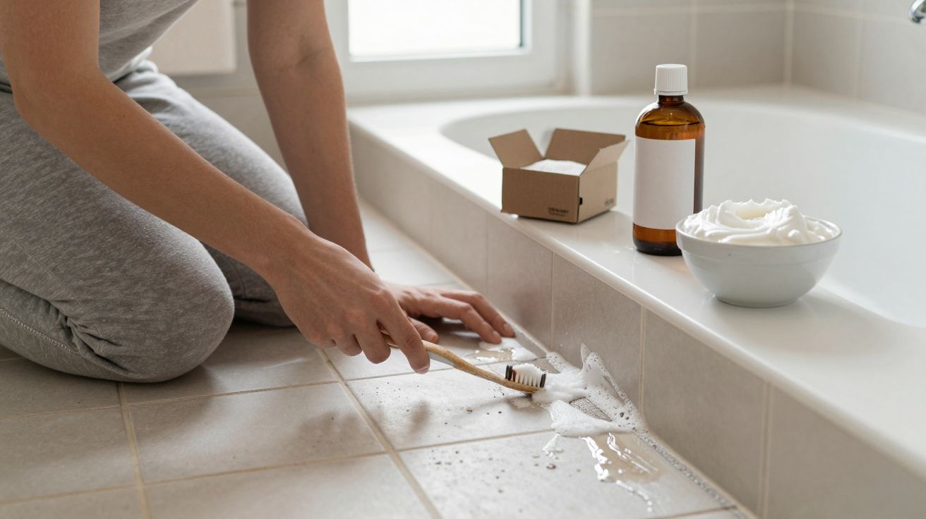 Persona limpiando azulejos del baño con cepillo de dientes, crema en plato y botella marrón sobre el borde de la bañera.