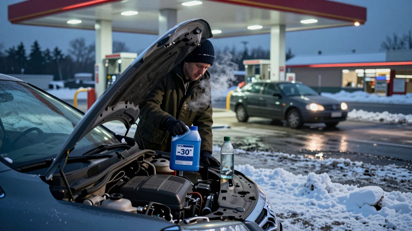 Hombre vertiendo anticongelante en el motor de un coche en una gasolinera nevada al anochecer.