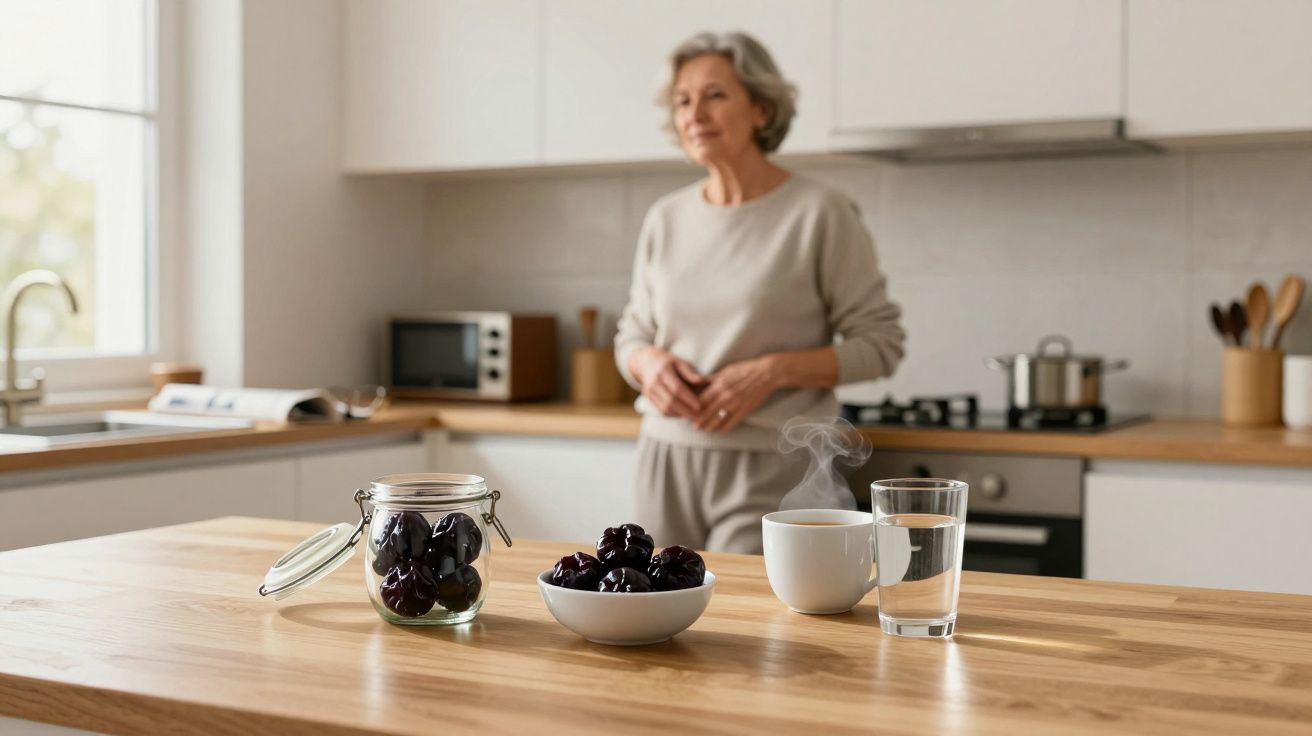 Mujer mayor en cocina moderna, con ciruelas en un tarro y bol sobre la mesa, junto a una taza humeante y un vaso de agua.