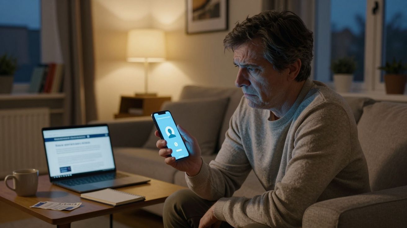 Hombre mayor sentado en el sofá mira su smartphone, con un portátil abierto y una taza sobre la mesa.