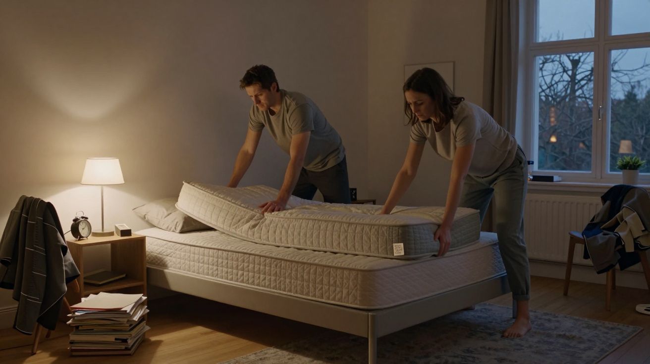 Pareja haciendo la cama en un dormitorio con luz tenue, mesa de noche con lámpara y libros apilados.