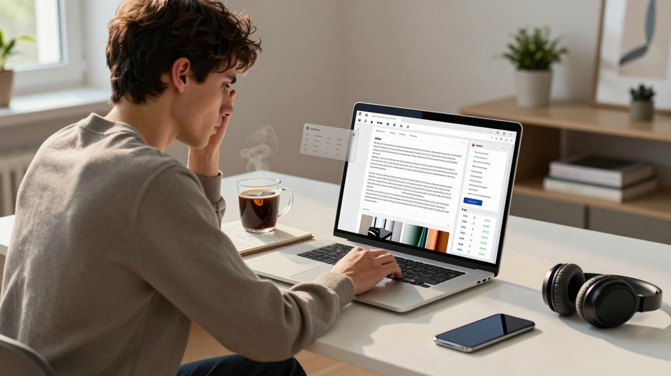 Joven trabajando en un portátil en una mesa con auriculares, móvil y taza de café humeante. Hay plantas al fondo.