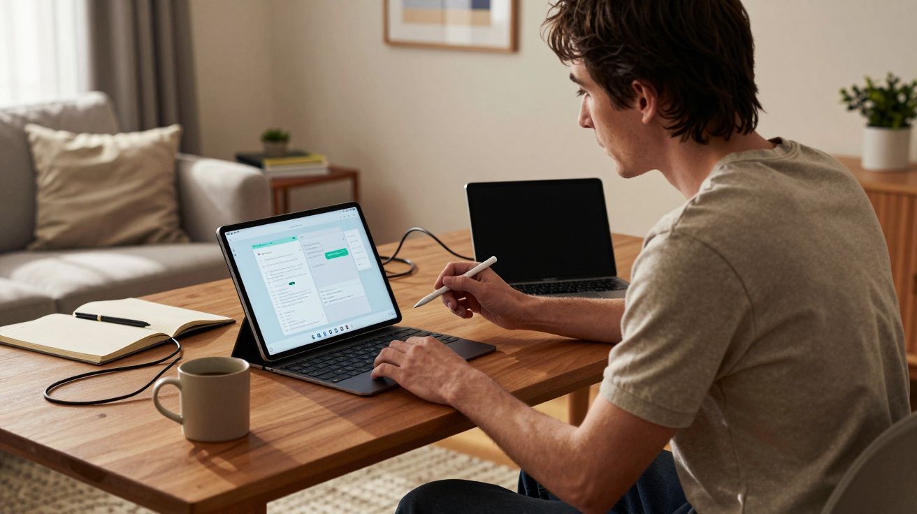 Hombre usando una tableta con teclado en un escritorio de madera, rodeado de portátil, cuaderno y taza de café.