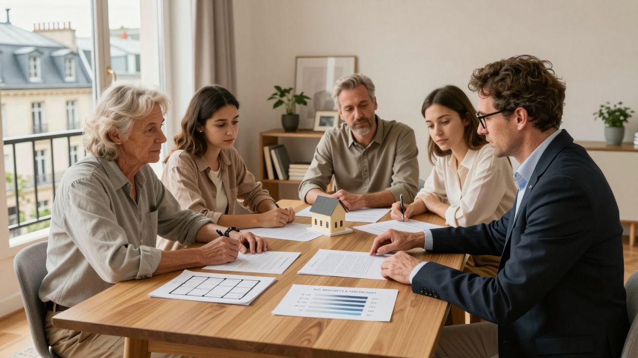 Grupo de personas en una reunión de trabajo, con papeles y una maqueta de casa sobre la mesa en una oficina iluminada.