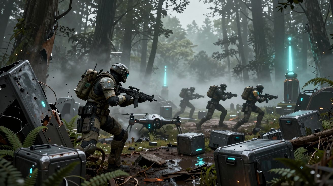 Soldados futuristas armados avanzan cautelosamente en un denso bosque con cajas tecnológicas y drones volando.