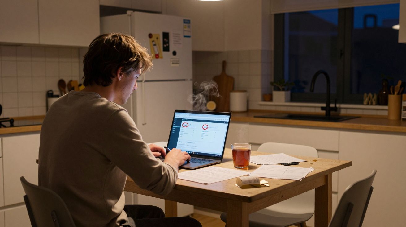 Hombre trabajando en portátil en la cocina por la noche con papeles y una taza de té en la mesa.