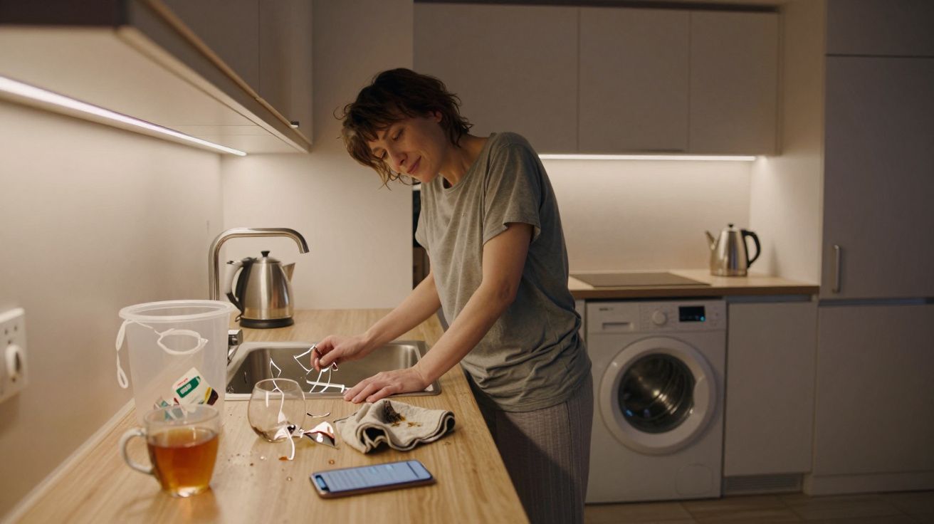 Mujer en camiseta gris usando el móvil mientras limpia la cocina moderna con encimera de madera y electrodomésticos.