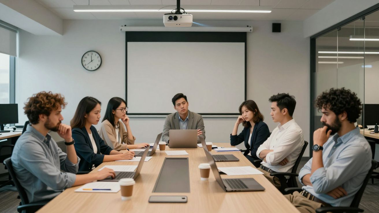 Reunión de negocios con ocho personas sentadas alrededor de una mesa de conferencias con ordenadores portátiles y café.