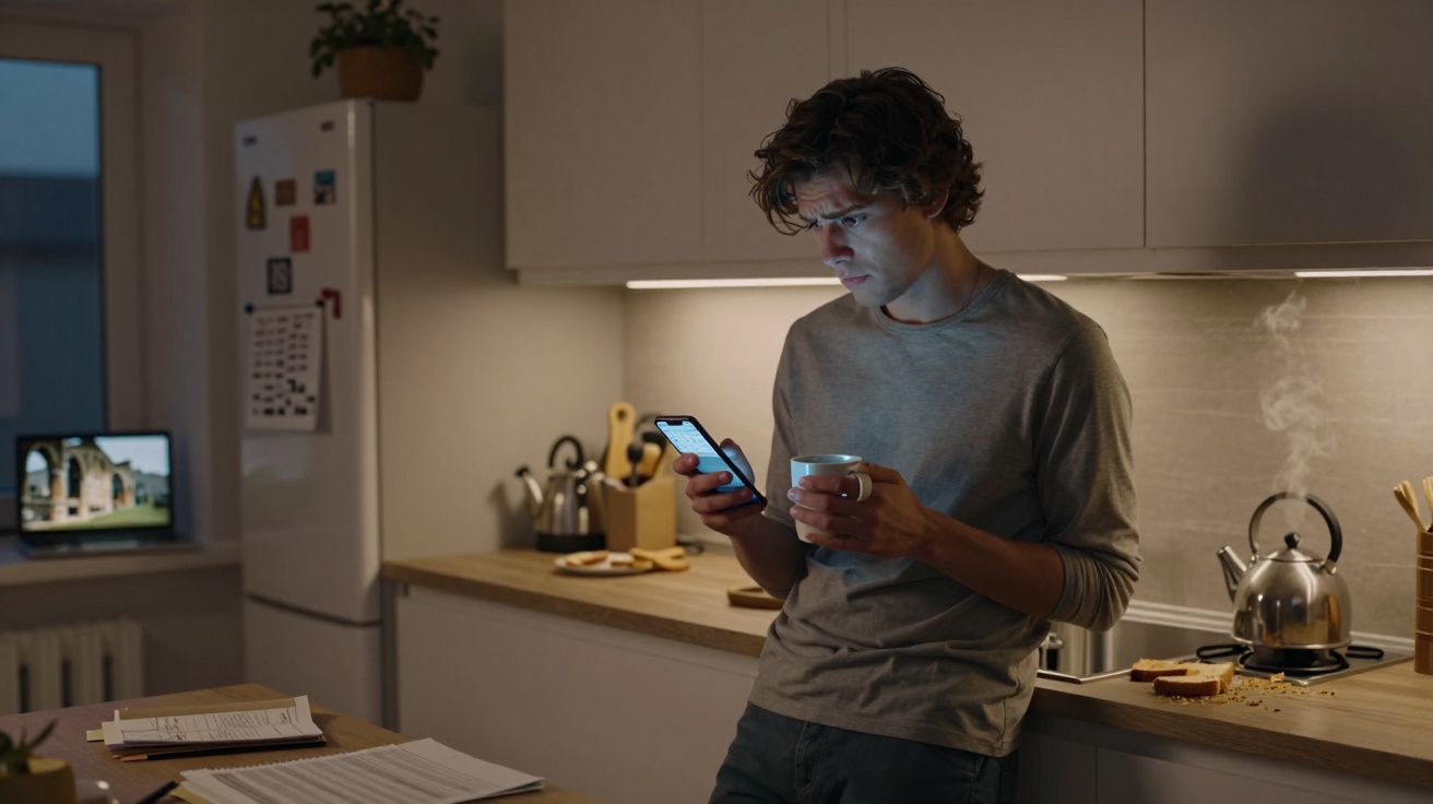 Hombre joven en cocina, mira el móvil y sostiene una taza. Encimera con papeles, tostadora, hervidor y tostadas.