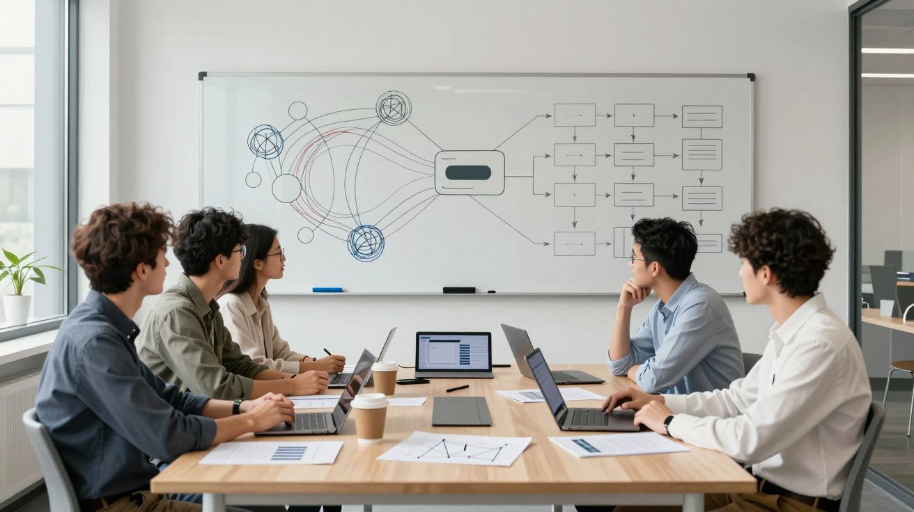 Personas en sala de reuniones viendo presentación en pizarra blanca con portátiles y café en la mesa.