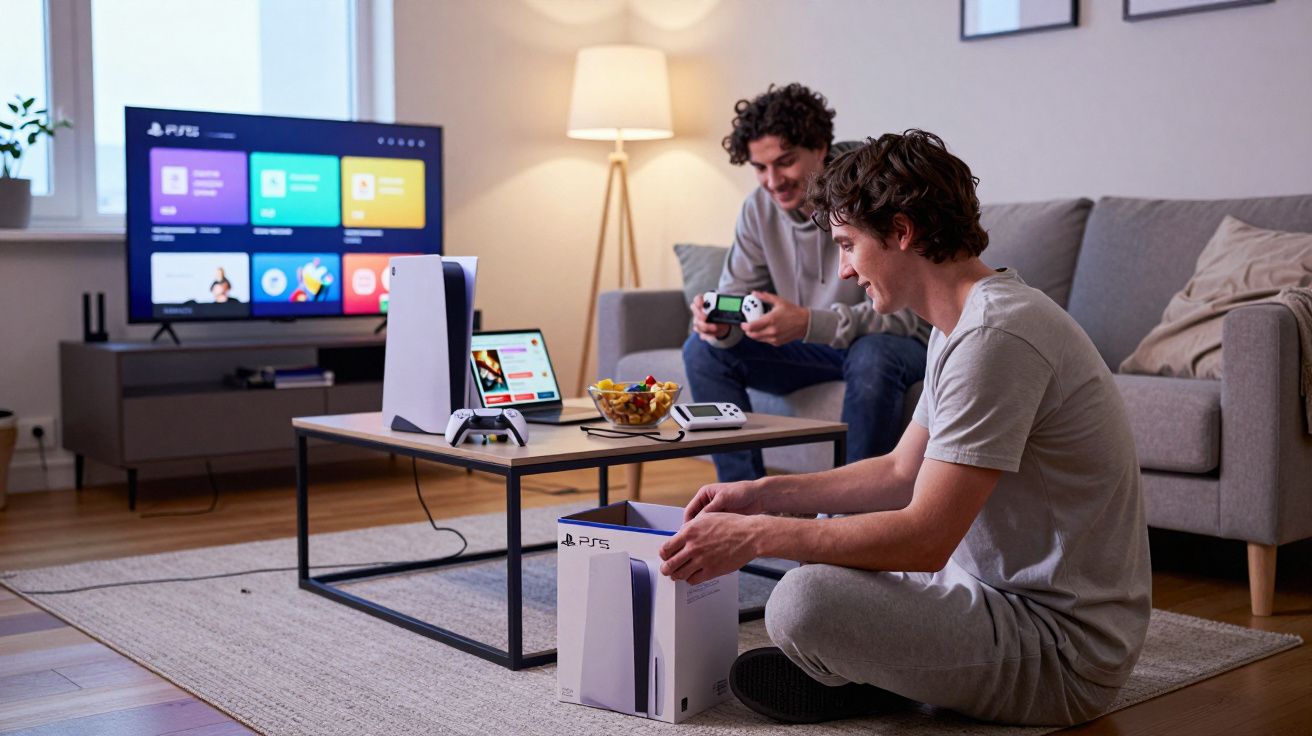 Dos personas jugando videojuegos en un salón, una con mando y otra con caja de consola PS5. Pantalla y snacks en mesa.