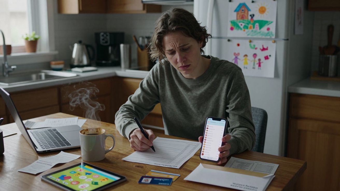 Persona con móvil y documentos en mesa, usando portátil en cocina iluminada. Niños jugando dibujados en la nevera.
