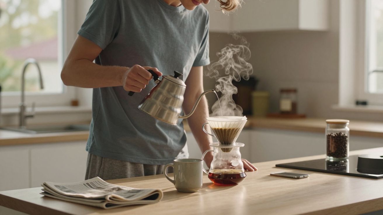 Persona preparando café con cafetera de goteo en una cocina iluminada por la mañana, con taza y periódico en la mesa.