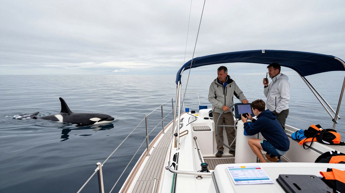 Personas en un velero observan una orca en el agua tranquila bajo un cielo nublado.