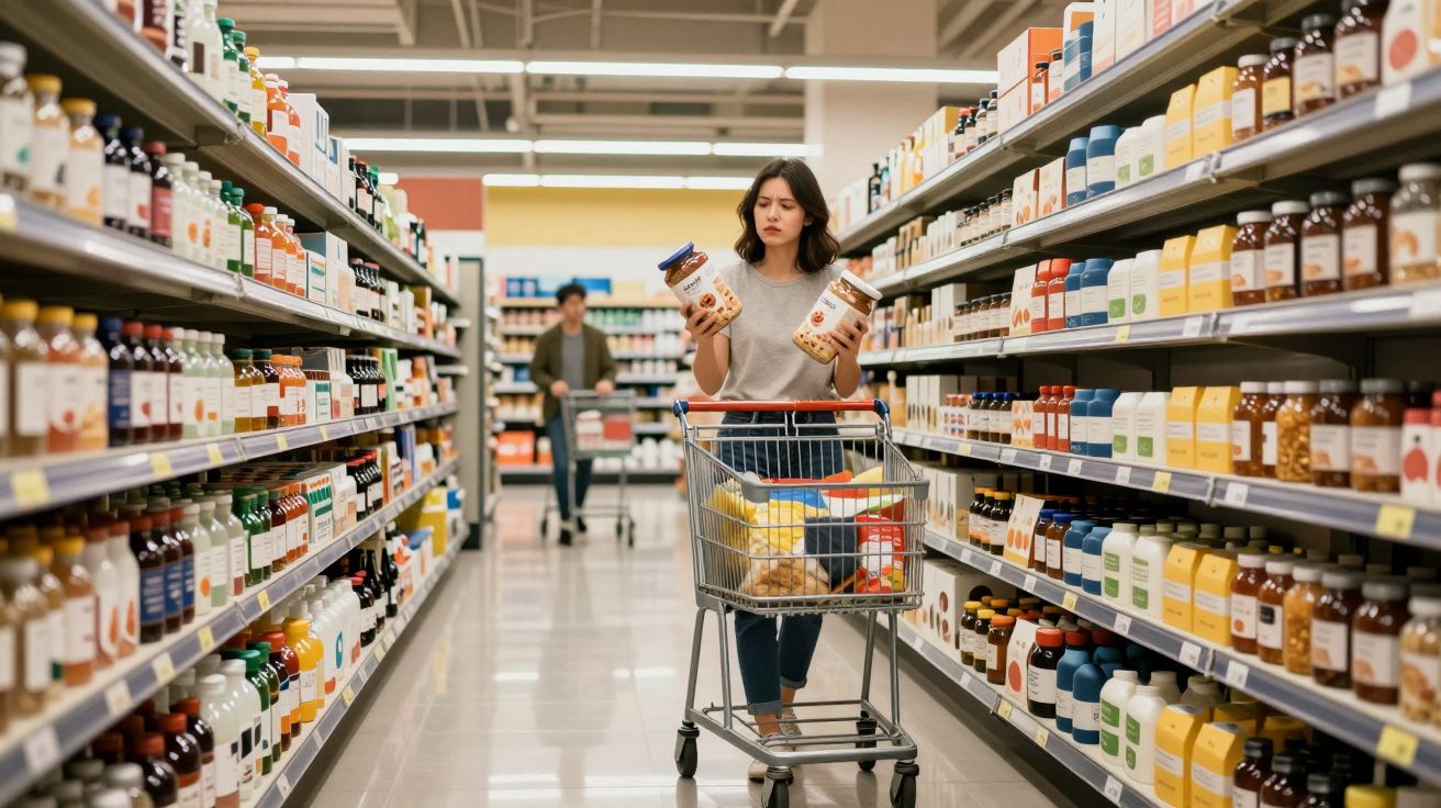 Mujer en supermercado con carrito, sostiene dos frascos, rodeada de estanterías llenas de productos.